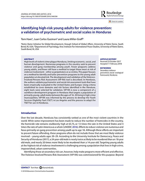 Identifying High-Risk Young Adults for Violence Prevention: A Validation of Psychometric and Social Scales in Honduras